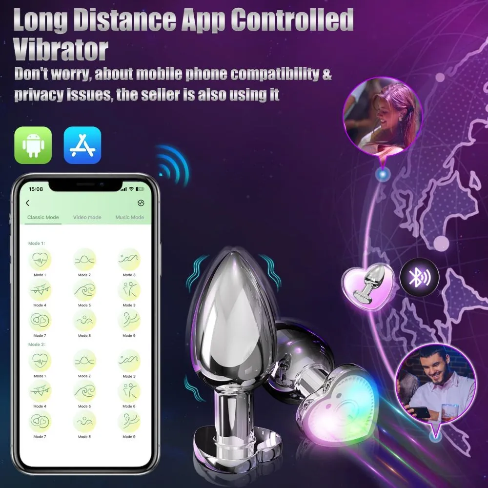 APP Control Butt Plug Heart Light Up Anal Plug with Remote Control Anal Vibrator Anal Trainer Prostate Massager