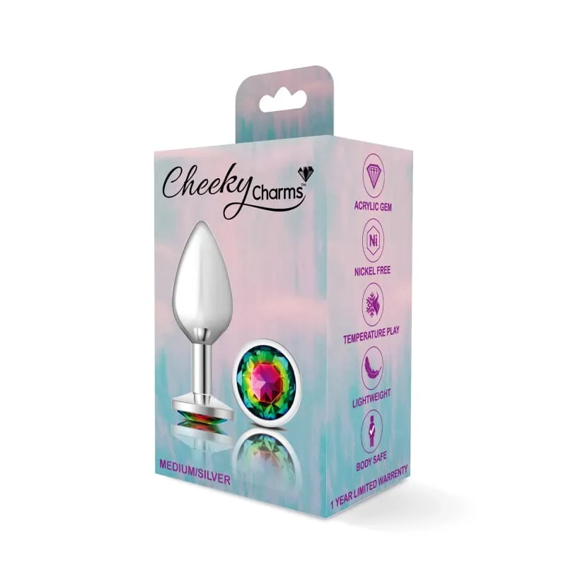 Cheeky Charms - Silver Metal Butt Plug - Round - Rainbow - Medium