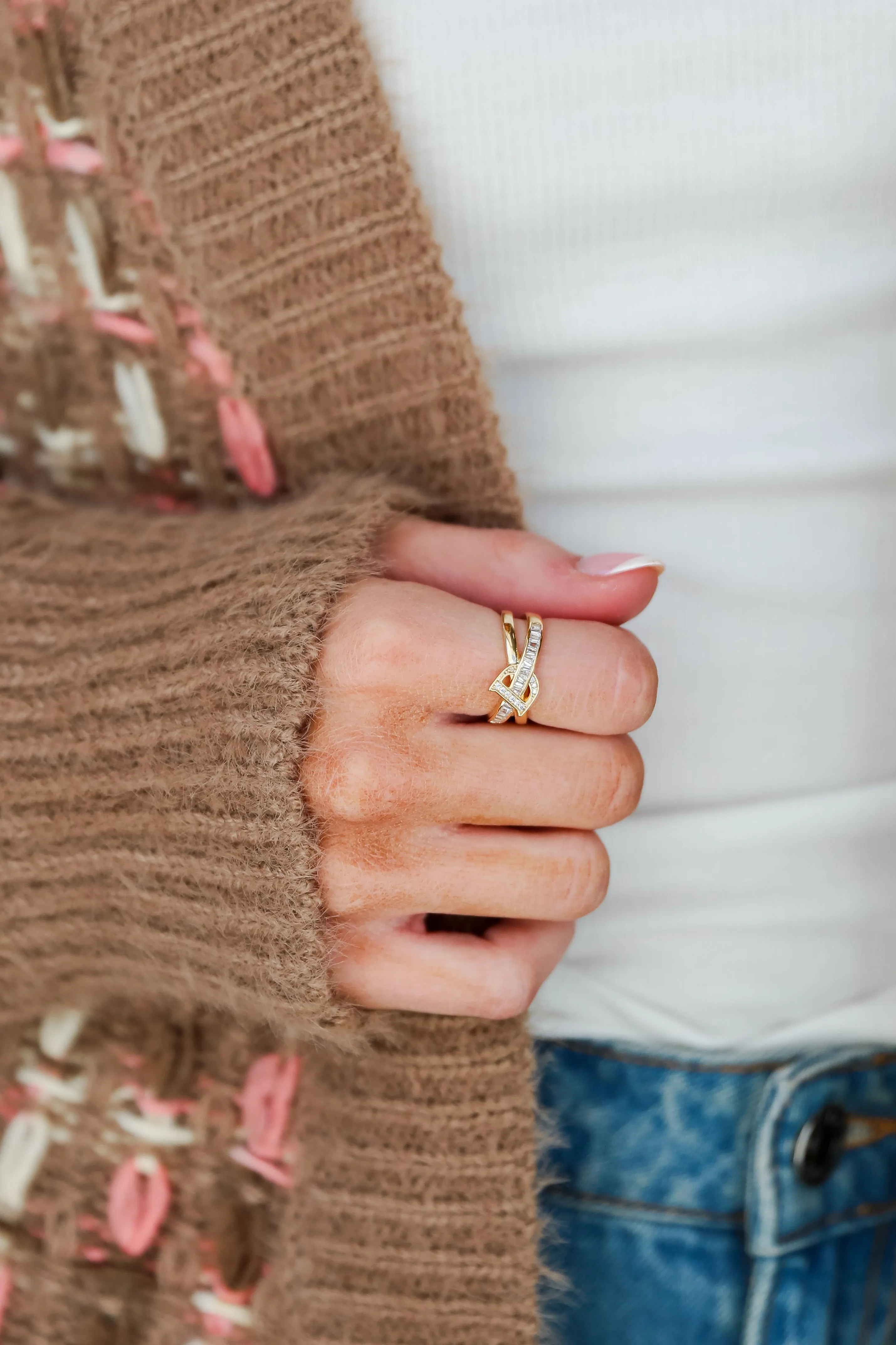 FINAL SALE - Dani Gold Rhinestone "D" Double Ring