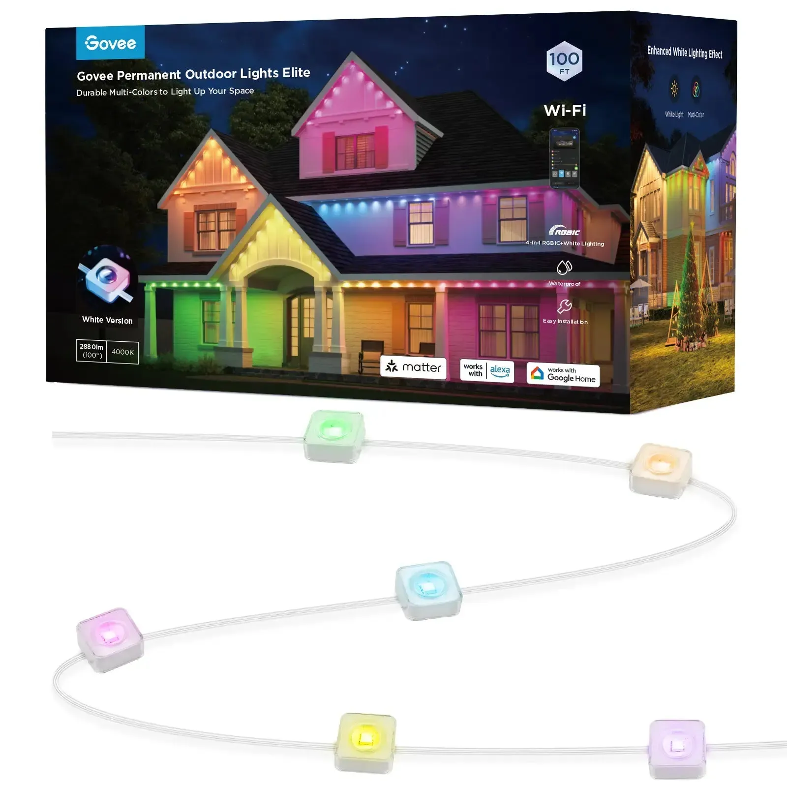 Govee H805AA01 Wi-Fi RGBIC Outdoor Permanent String Lights 100ft - White