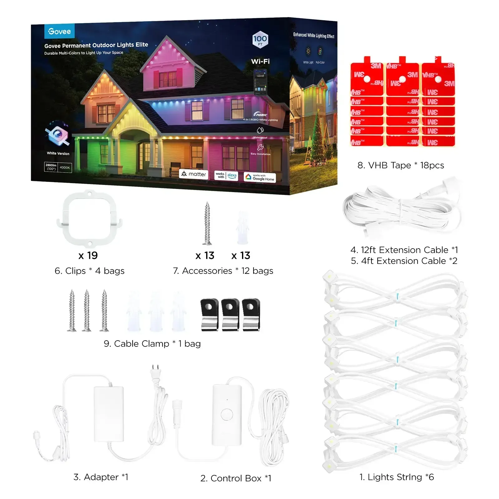 Govee H805AA01 Wi-Fi RGBIC Outdoor Permanent String Lights 100ft - White