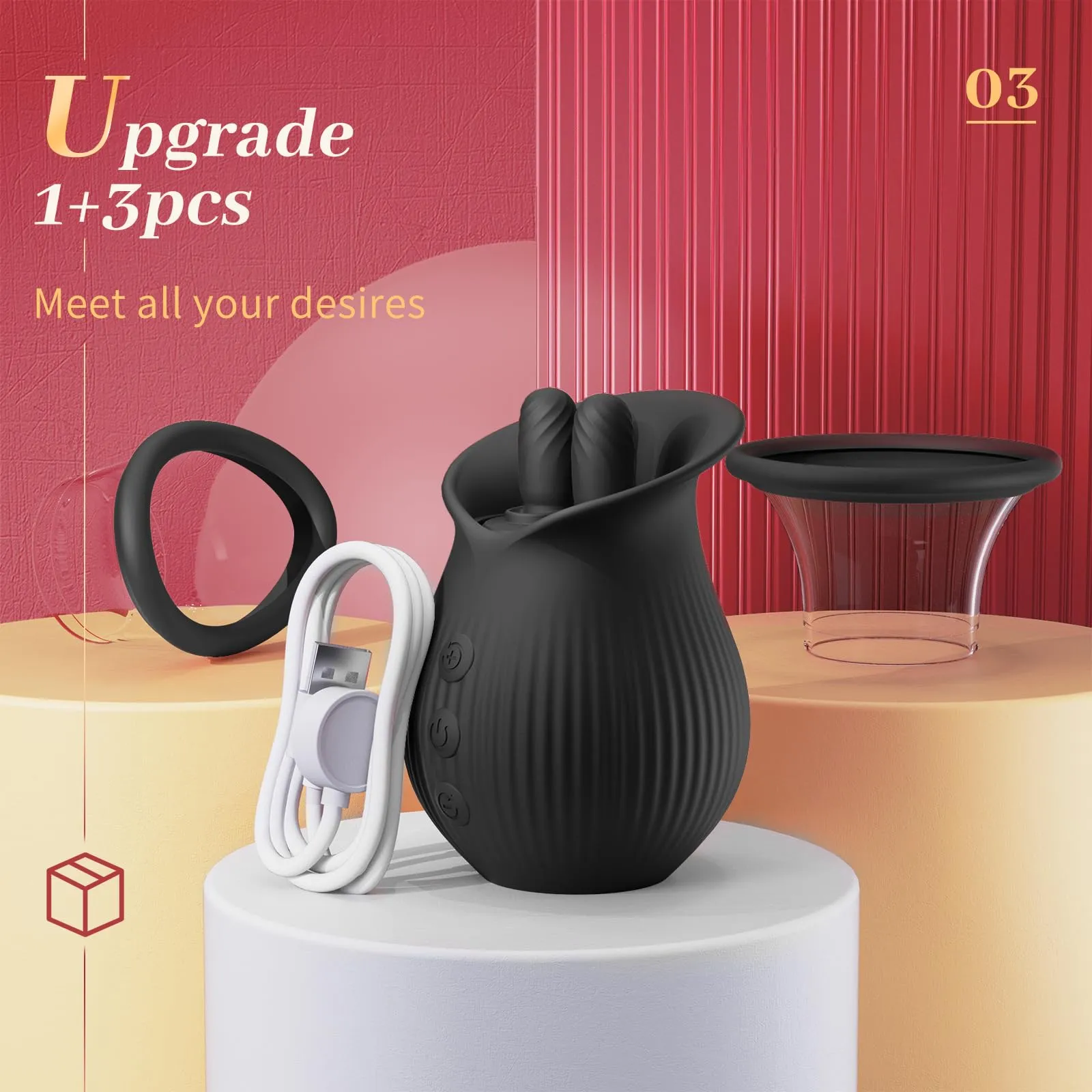 Lurevibe - Rose Romeo - 3in1 Rose Sex Toy with 2 Suction Cups, Adult Toys Female Clitoral Nipple Vibrators with 10 Licking Sucking Vibrating