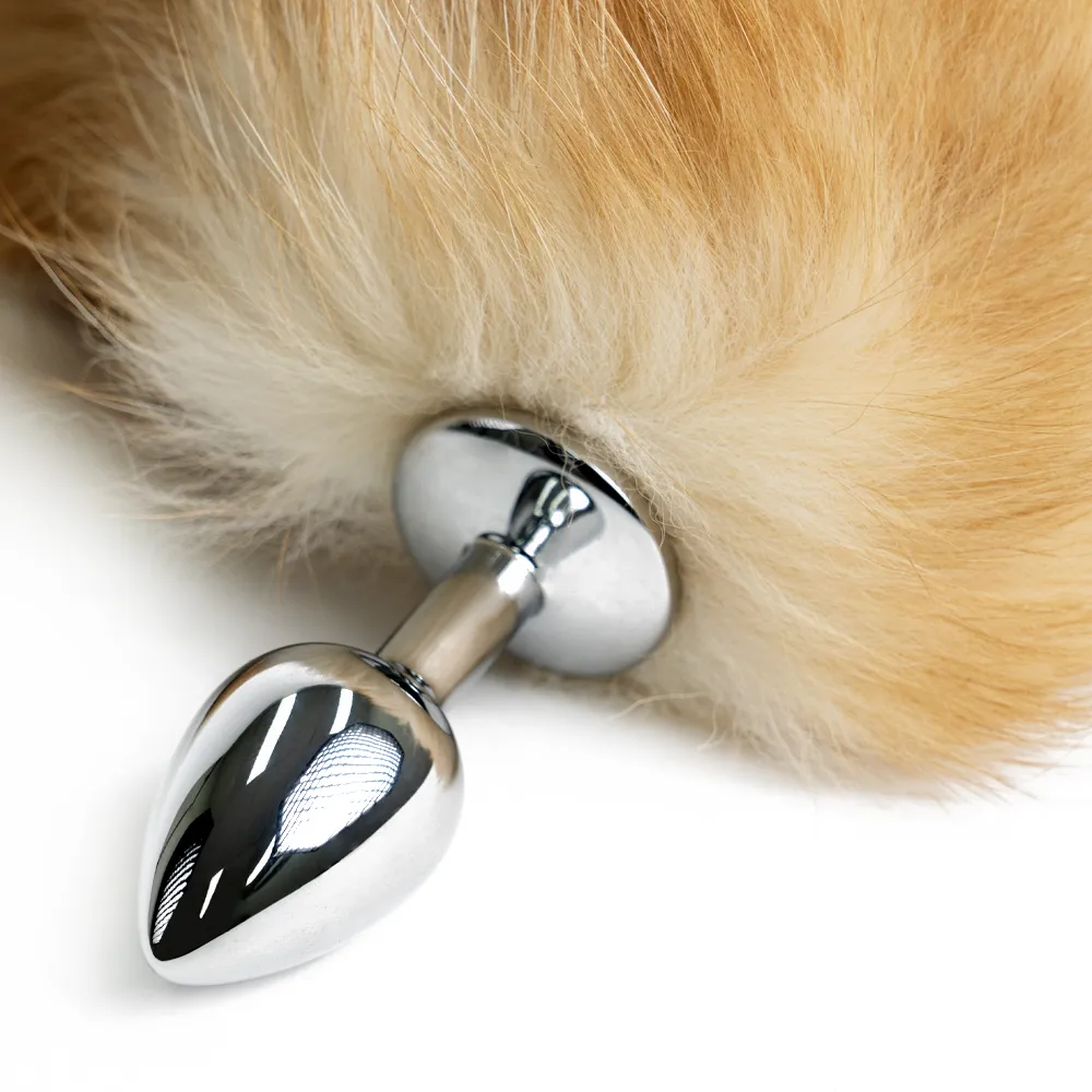 Metal Butt Plug With Tan & White-Tipped Furry Tail - Small