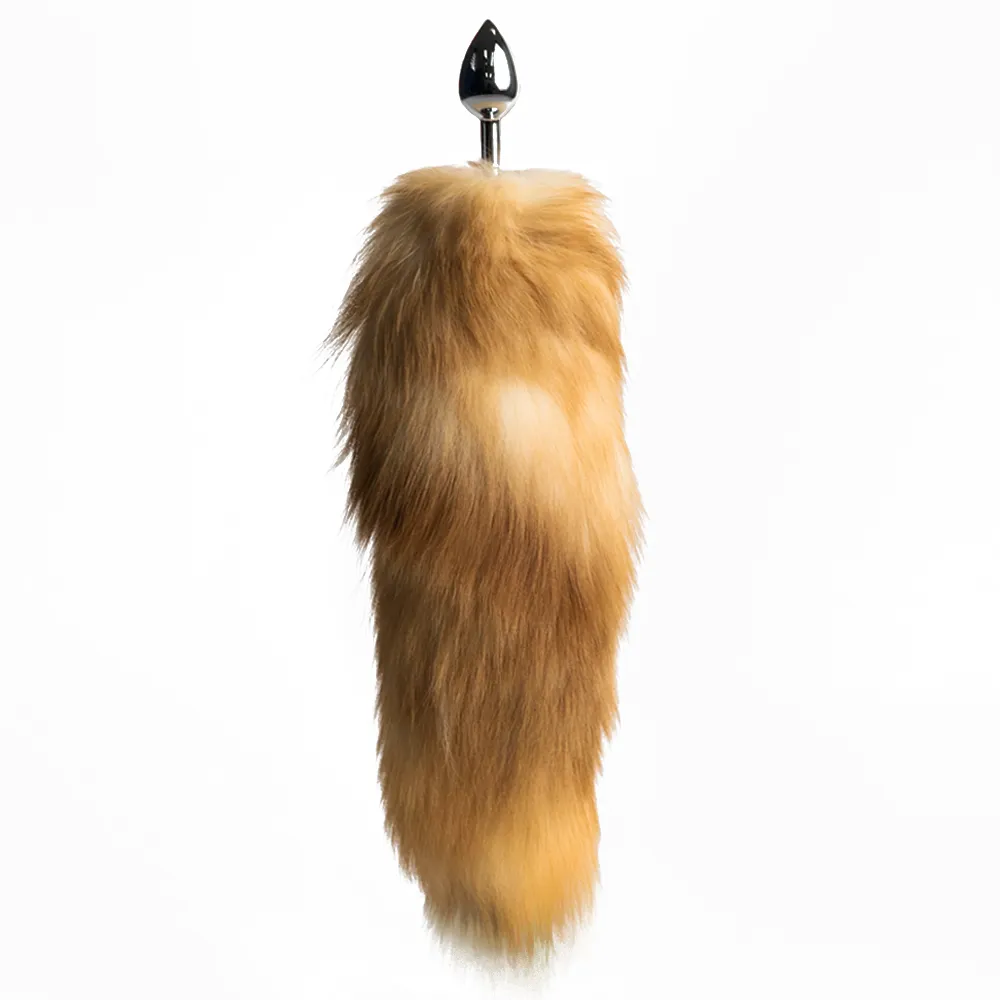 Metal Butt Plug With Tan & White-Tipped Furry Tail - Small