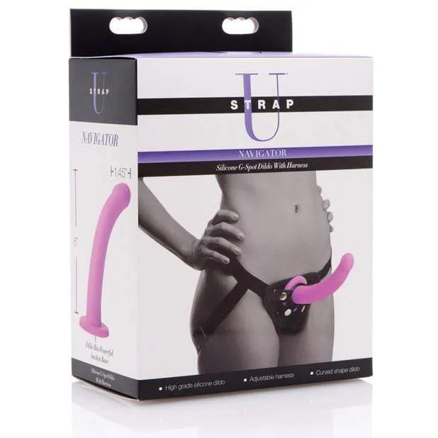 Strap U - Navigator Silicone G Spot Dildo with Strap On Harness (Black)